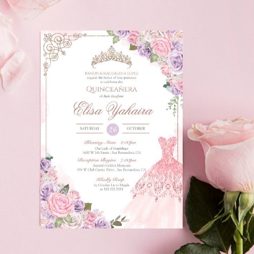 Blush Pink Lavender Purple Elegant Quinceanera  Invitation