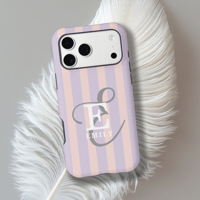 Blush Pink Lavender Stripes Stylish Monogram Name Case-Mate iPhone Case (Personalize with your name and initial.)