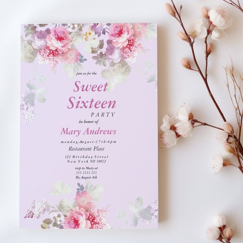 Blush Pink Lavender Vintage Floral Sweet Sixteen Invitation