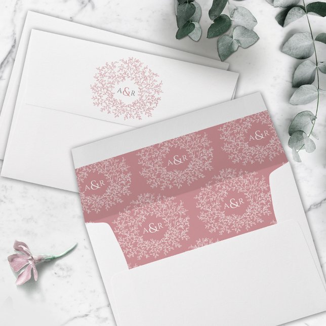 Blush pink leaf monogram art wedding envelope (Creator Uploaded)