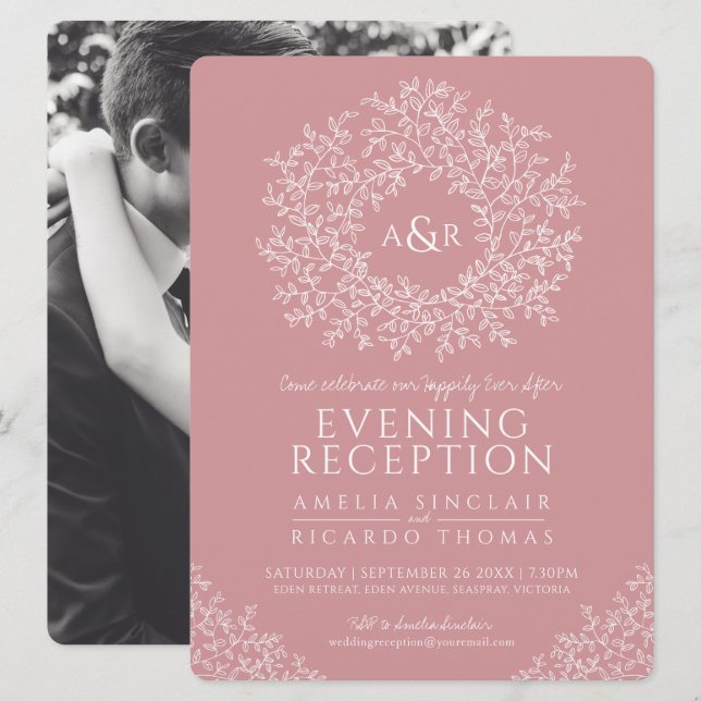 Blush pink leaf monogram wedding reception photo invitation (Front/Back)