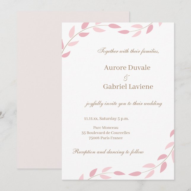 Blush Pink Leaves Autumn Botanical Elegant Wedding Invitation (Front/Back)