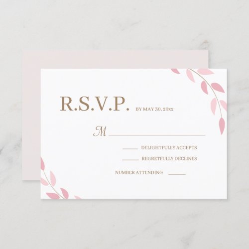 Blush Pink Leaves Gold White Autumn Wedding RVSP Invitation