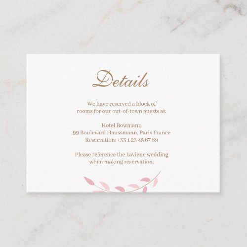 Blush Pink Leaves Gold White Wedding Hotel Detail Enclosure Card