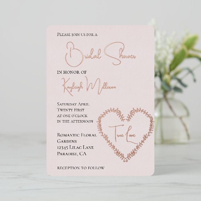 Blush Pink Leaves Heart Bridal Shower Foil Invitation (Standing Front)