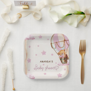 Blush Pink Light Brown Bear Balloons Baby Shower Paper Plates