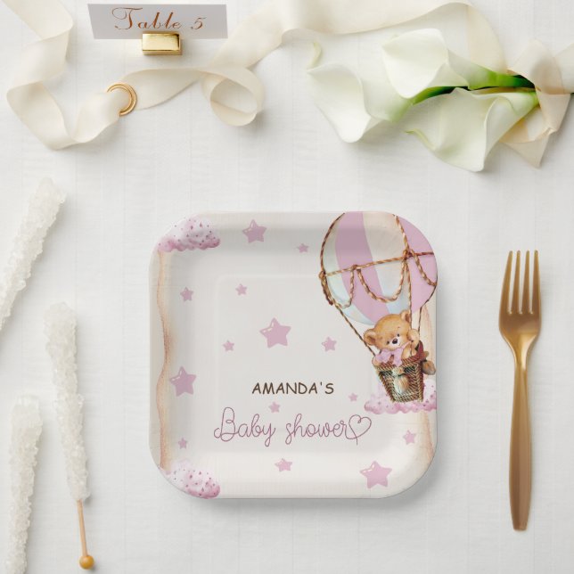 Blush Pink Light Brown Bear Balloons Baby Shower Paper Plates (Wedding)