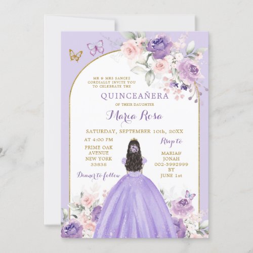 Blush Pink Lilac Floral Princess Quinceaera Invitation