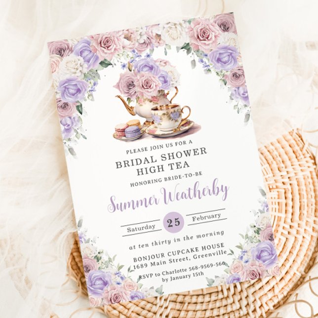 Blush Pink Lilac White Floral Bridal Shower Tea  Invitation (feminine-blush-pink-purple-lilac-white-floral-tea-party-bridal-baby-shower-birthday-invitation)