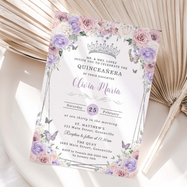 Blush Pink Lilac White Floral Silver Quinceañera Invitation (Creator Uploaded)