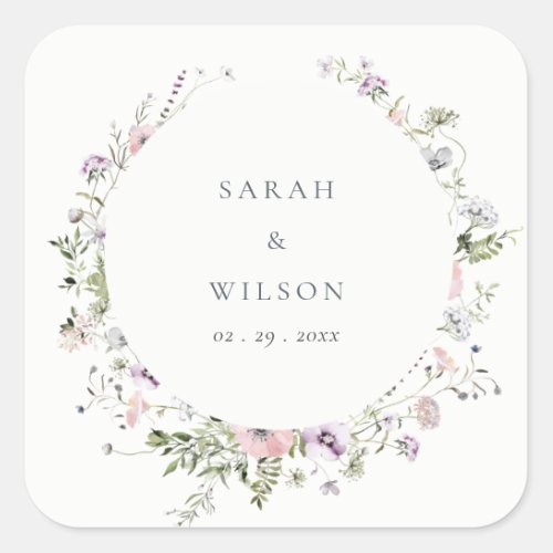 Blush Pink Lilac Wildflower Circle Frame Wedding Square Sticker