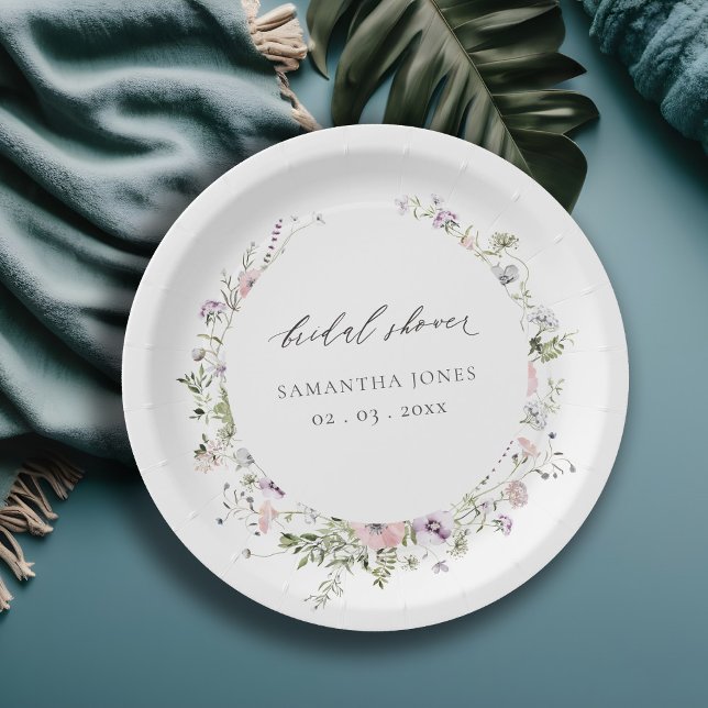 Blush Pink Lilac Wildflower Wreath Bridal Shower  Paper Plates (Creator Uploaded)