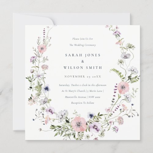 Blush Pink Lilac Wildflower Wreath Wedding Invite