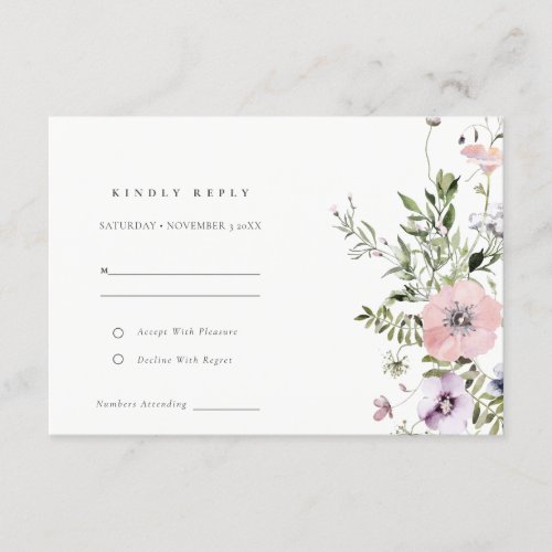 Blush Pink Lilac Wildflower Wreath Wedding RSVP Enclosure Card