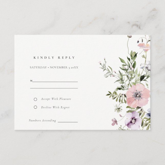 Blush Pink Lilac Wildflower Wreath Wedding RSVP Enclosure Card (Front)