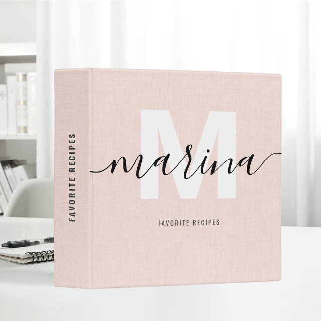 Blush Pink Linen Fabric Favorite Recipes Monogram 3 Ring Binder (Creator Uploaded)