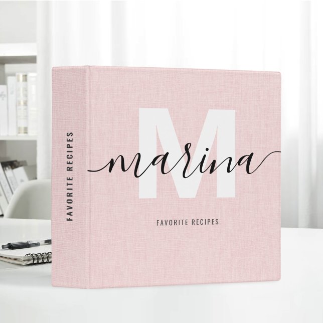 Blush Pink Linen Fabric Favorite Recipes Monogram 3 Ring Binder (Creator Uploaded)