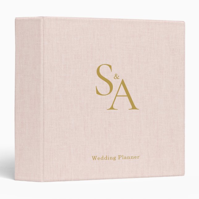 Blush Pink Linen Gold Monogram Wedding Planner 3 Ring Binder (Front/Spine)