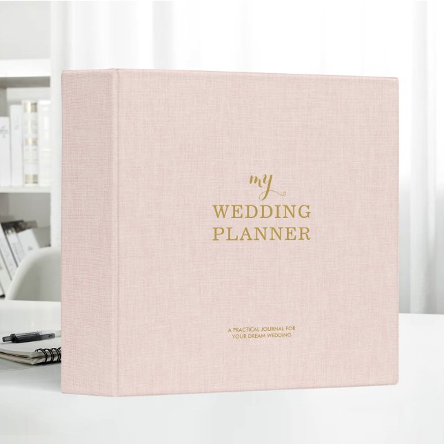 Blush Pink Linen Gold Typography Wedding Planner 3 Ring Binder (Creator Uploaded)