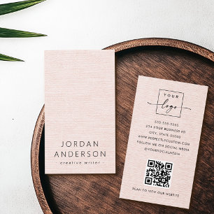 Blush pink linen look logo QR code business cards