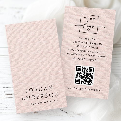 Blush pink linen look logo QR code business cards