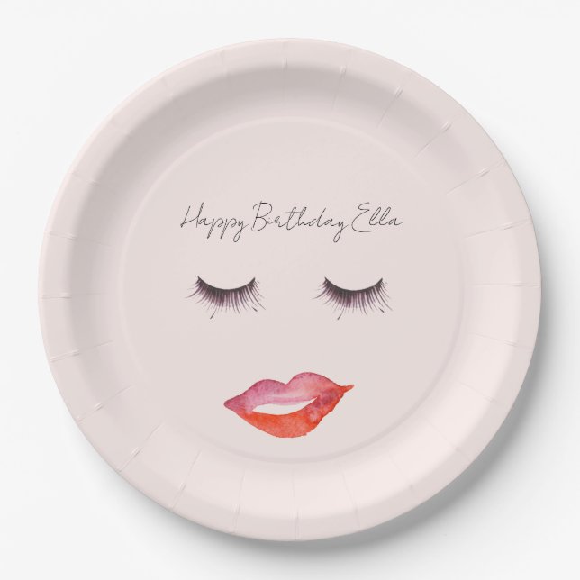 Blush Pink Lips and Eyelashes Birthday Paper Plates (Front)