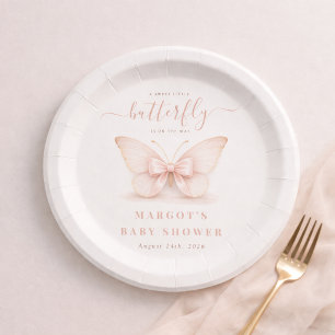 Blush Pink Little Butterfly Bow Girl Baby Shower Paper Plates