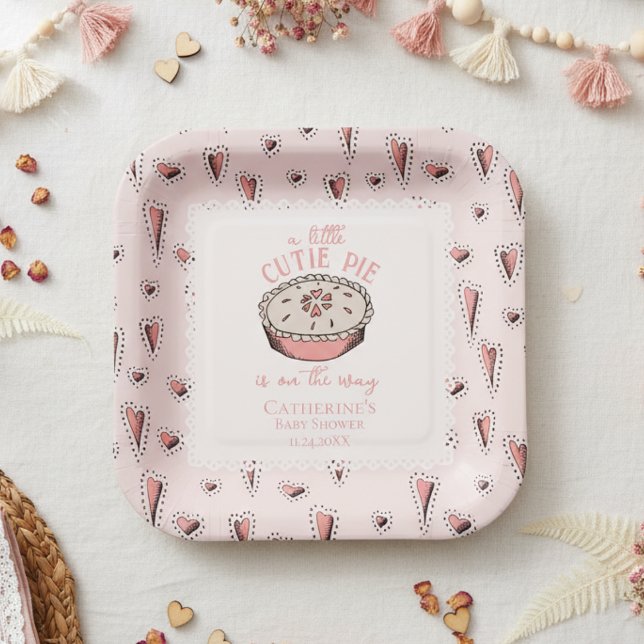 Blush Pink Little Cutie Pie Fall Baby Girl Shower Paper Plates (Cute Thanksgiving Baby shower  A Little Cutie Pie Pink Square Paper Plates with Autumn Pie & Hearts)