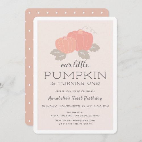 Blush Pink Little Pumpkin Girl 1st Birthday Invitation