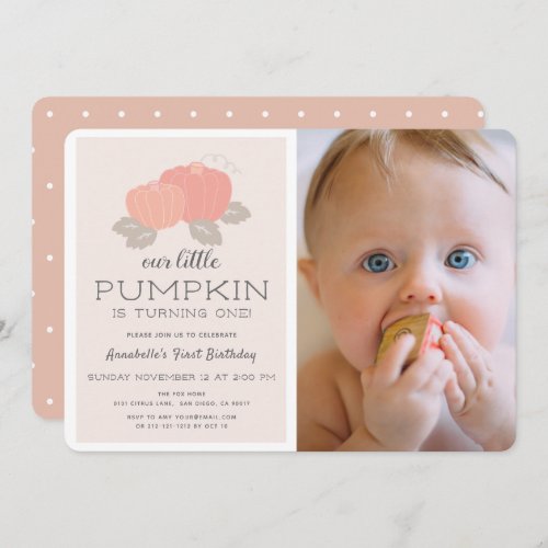 Blush Pink Little Pumpkin Girl Photo 1st Birthday Invitation