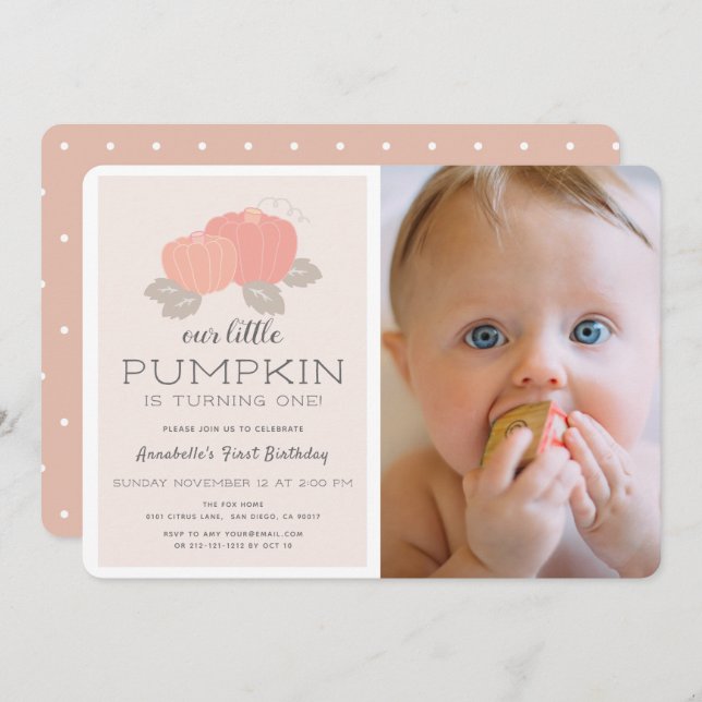 Blush Pink Little Pumpkin Girl Photo 1st Birthday Invitation (Front/Back)
