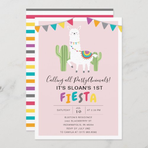 Blush Pink Llama Fiesta Birthday Party Invitation