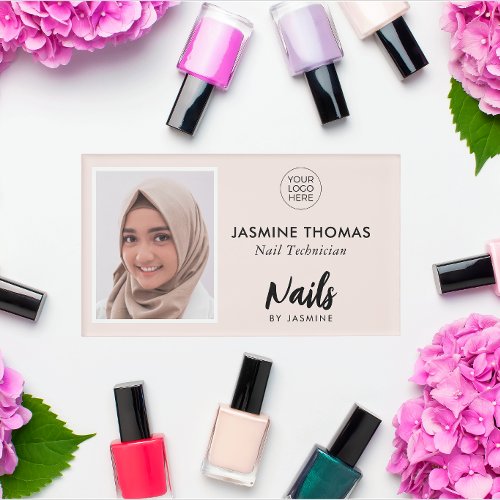 Blush Pink Logo Photo Nail Technician Name Tag