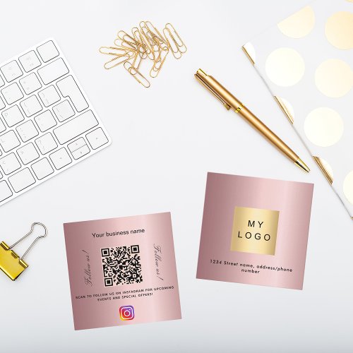 Blush pink logo QR code Instagram follow us Square Business Card