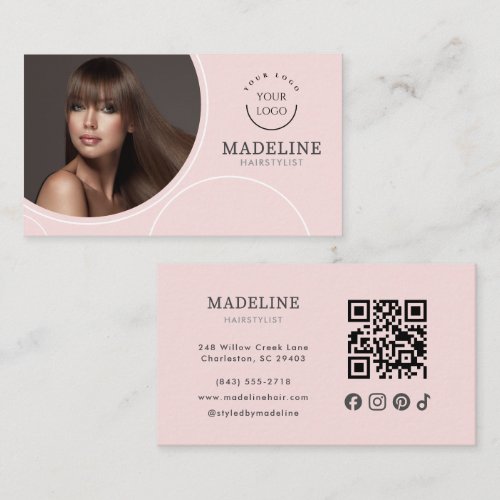 Blush Pink Logo QR Code Photo Hairstylist Business Card
