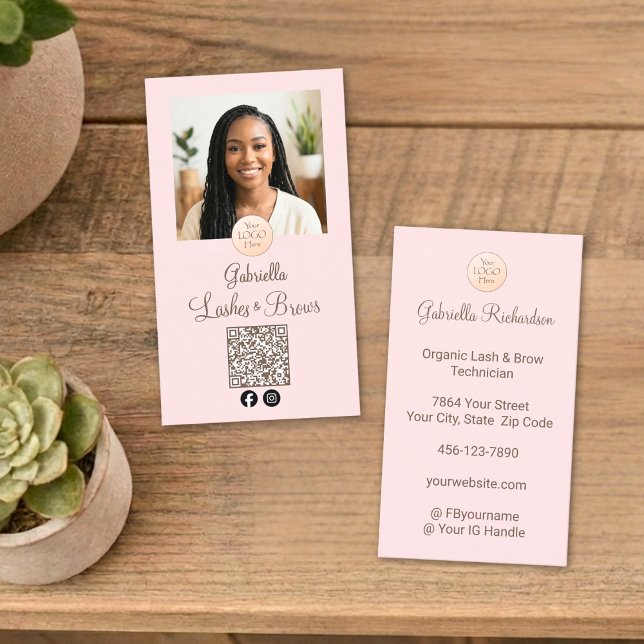 Blush Pink Logo QR Code Photo Lashes and Brows Business Card (Creator Uploaded)