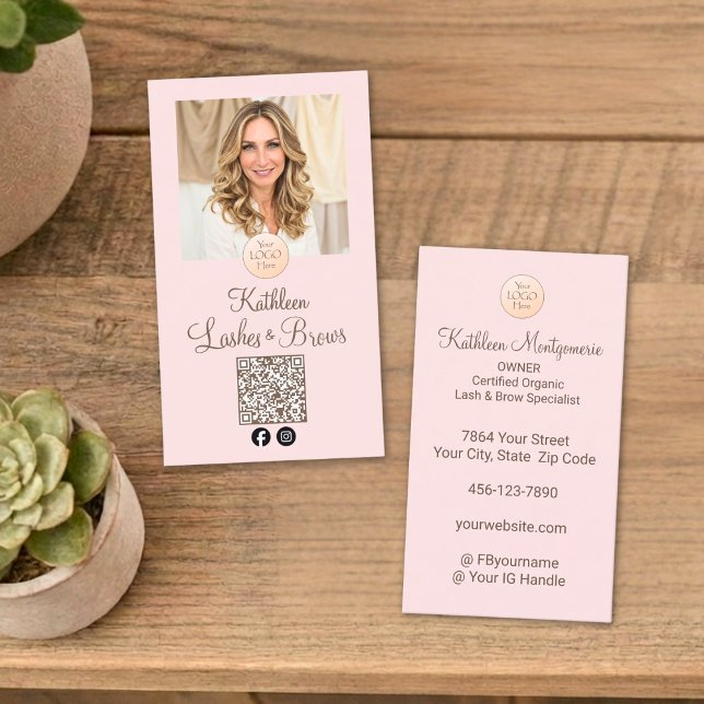 Blush Pink Logo QR Code Photo Lashes and Brows Business Card (Creator Uploaded)