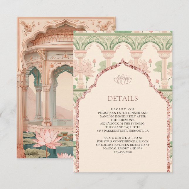 Blush Pink Lotus Garden Indian Wedding Details Enclosure Card (Front/Back)