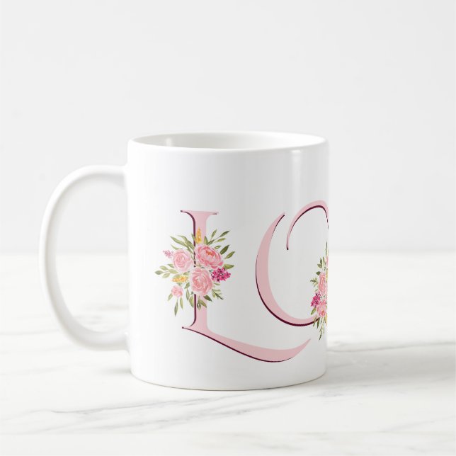 Blush pink Love typography roses Valentines Day Coffee Mug (Left)
