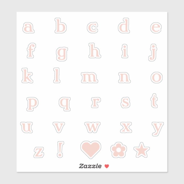 Blush Pink Lower Case Text Letters Alphabet Heart Sticker (Sheet)