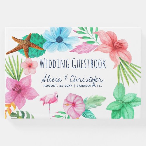 Blush pink luau floral tropical wreath wedding guest book