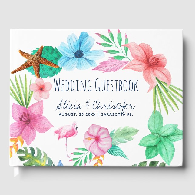 Blush pink luau floral tropical wreath wedding guest book (Front)