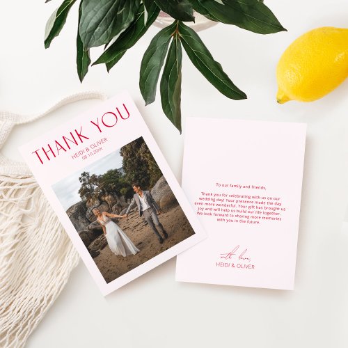 Blush Pink  Magenta Photo Wedding Thank You Card