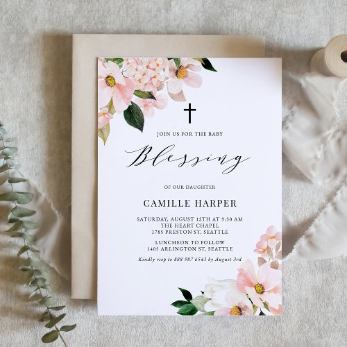 Blush Pink Magnolia and Hydrangea Baby Blessing Invitation