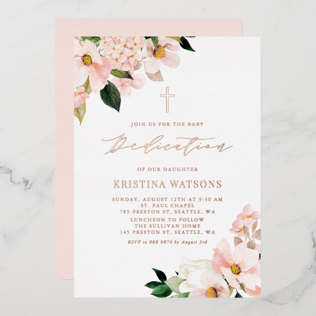 Blush Pink Magnolia and Hydrangea Baby Dedication Foil Invitation (Front/Back)