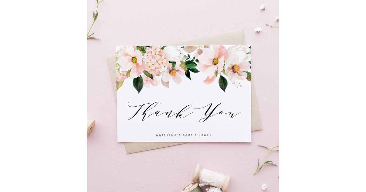 Blush Pink Magnolia and Hydrangea Baby Shower Thank You Card | Zazzle