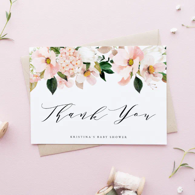 Blush Pink Magnolia and Hydrangea Baby Shower Thank You Card | Zazzle
