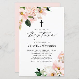 Blush Pink Magnolia and Hydrangea Baptism Invite
