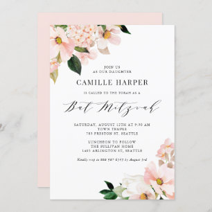 Blush Pink Magnolia and Hydrangea Bat Mitzvah Invitation