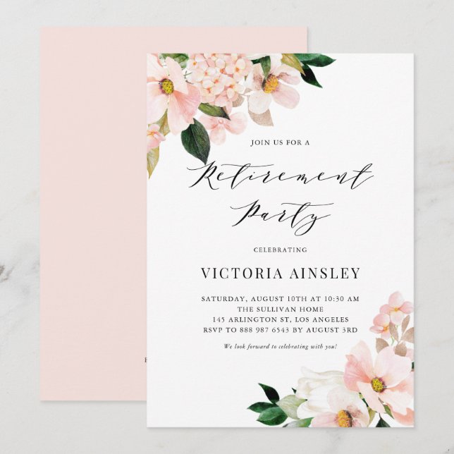 Blush Pink Magnolia and Hydrangea Retirement Party Invitation (Front/Back)